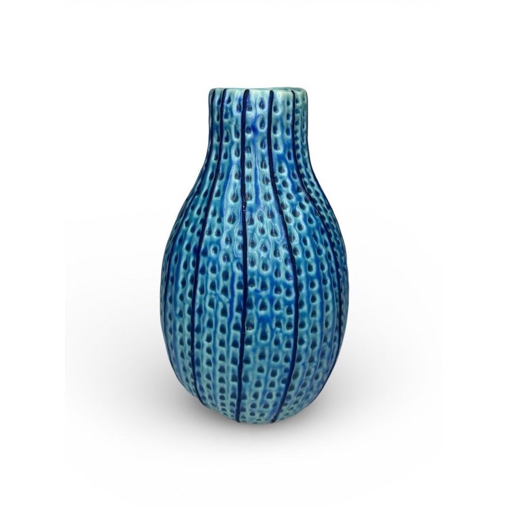 Textured Teal Blue Vase Stripe‎ Thailand Bud Vase 7" Cactus Boho Southwestern